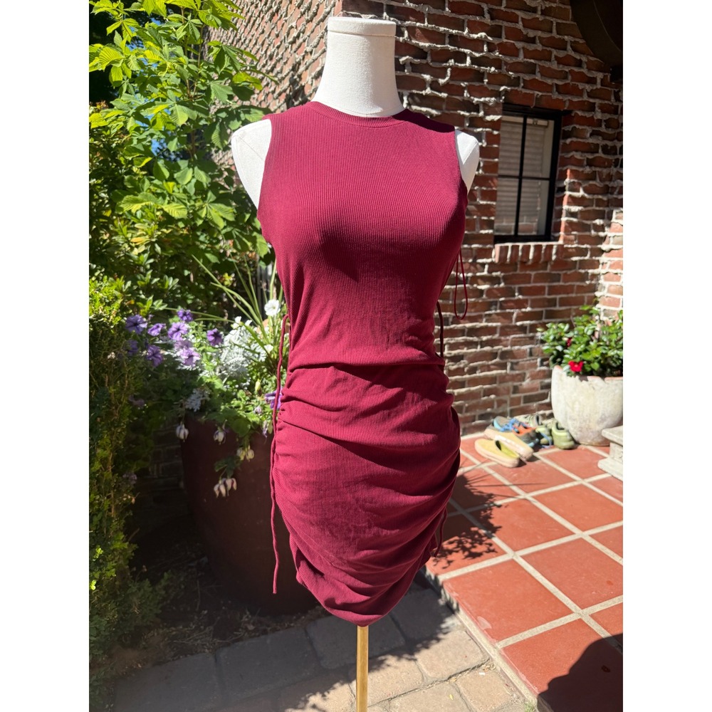 MABLE Burgundy Ribbed Open Back Ruched Mini Dress Size S